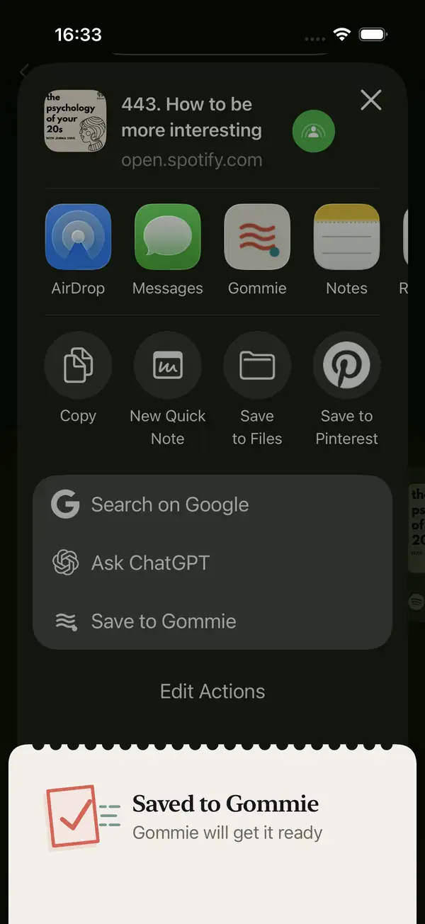 Spotify podcast share sheet with Saved to Gommie confirmation